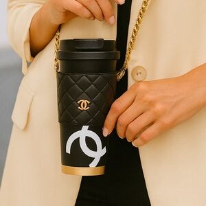 Black Quilted Coffee Cup Holder with Gold Chain